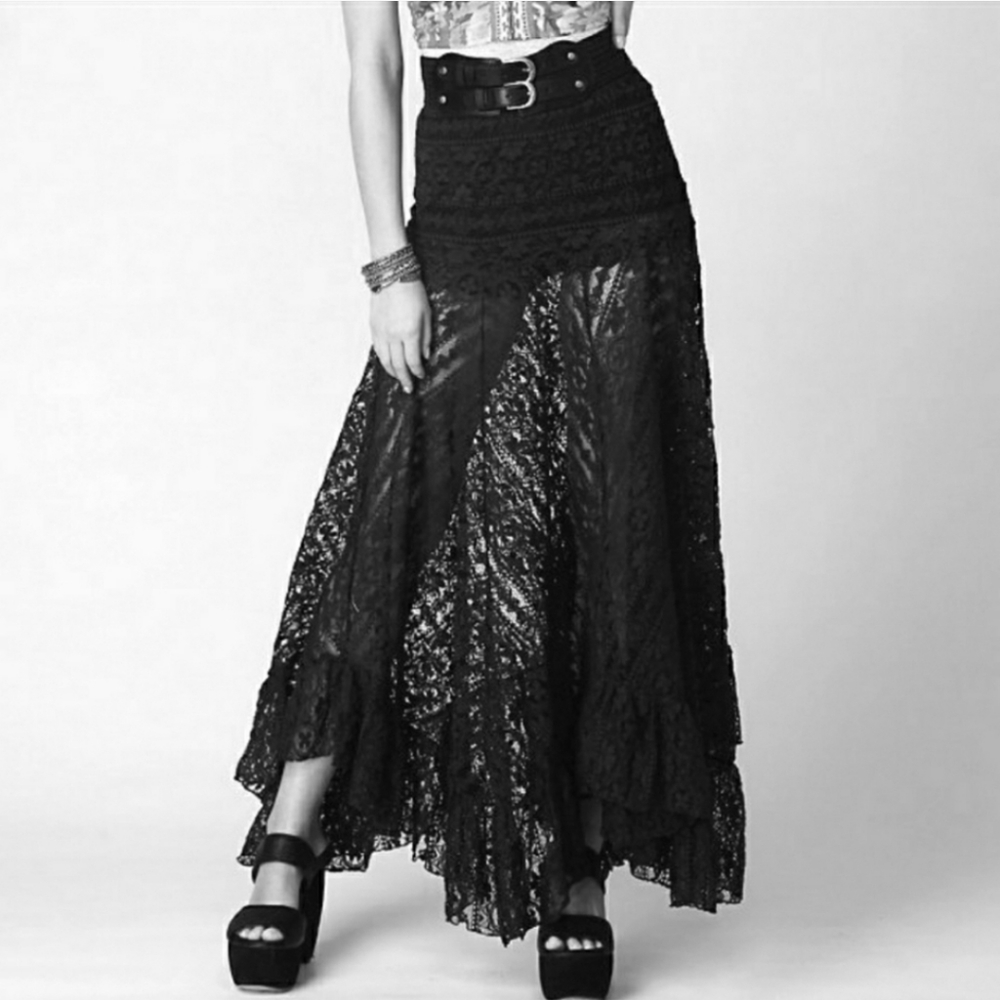 Free People Black Lace Paneled Maxi Skirt